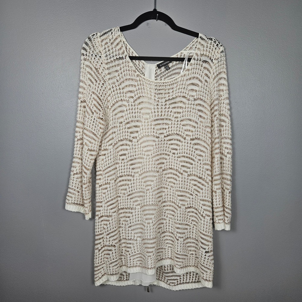 Le Chateau Women XL Crochet Swim Cover Up Zip Back Metallic Cream Bronze